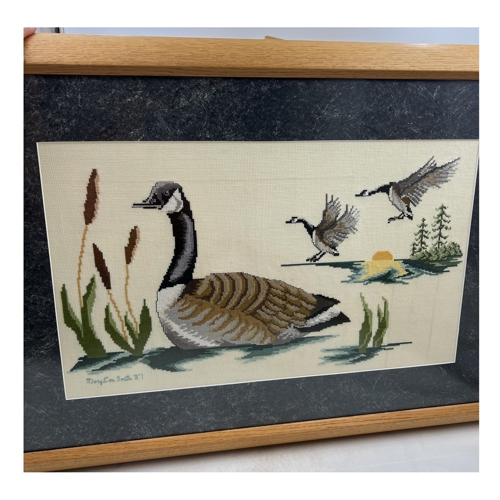 Vintage Cross Stitch Art Framed Canada Goose Lake Cottage Signed MaryEun Smith